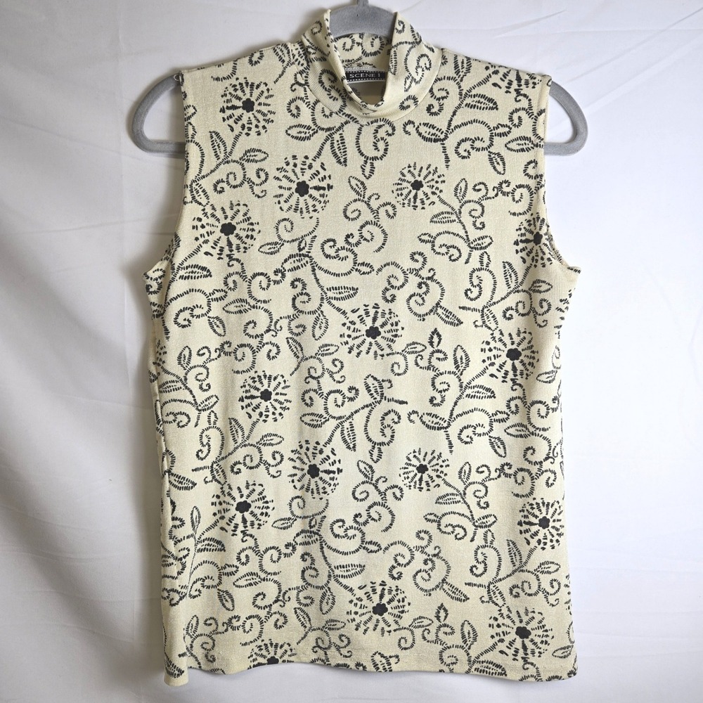 Scene 1 Y2k Mock Neck Floral Sleeveless Top, Cream Black, Stretchy, Small/Medium